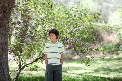 Young boy in the woods with shallow depth of field