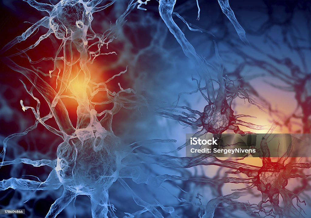 Red and blue illustration of a nerve cell Illustration of a nerve cell on a colored background with light effects Hormone Stock Photo