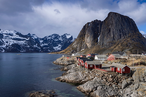 group of traditional fishermen's houses, nowadays mostly used as accommodation for tourists, on the Lofoten Islands in Norway; Reine, Norway