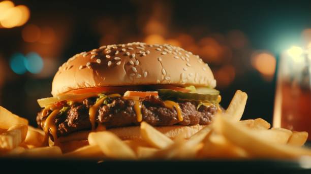 un hamburger e patatine fritte si siedono sul piatto accanto a una soda - relish drink soda food foto e immagini stock