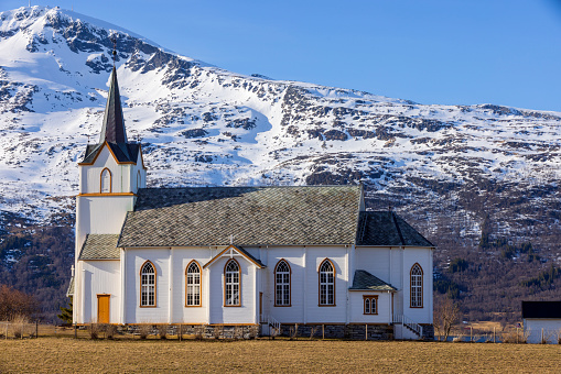 Tjeldsund Church, a parish church of the Church of Norway, in the municipality of Tjeldsund in Troms og Finnmark county; Tjeldsund, Norway