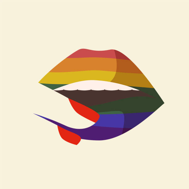 illustrazioni stock, clip art, cartoni animati e icone di tendenza di bocca del giorno dell'orgoglio arcobaleno, labbro lgbt per la stampa. labbra sensuali e pungenti con rossetto arcobaleno. - homosexual human lips lesbian rainbow
