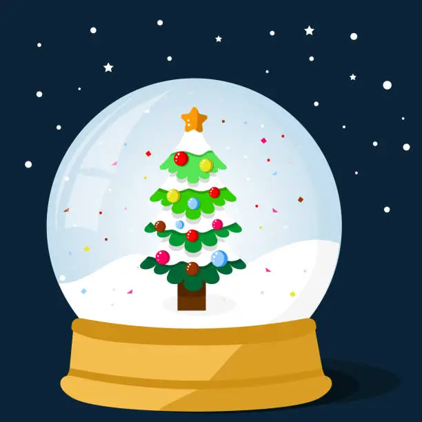 Vector illustration of Christmas snow globe with Christmas tree. Magic vector winter globe.