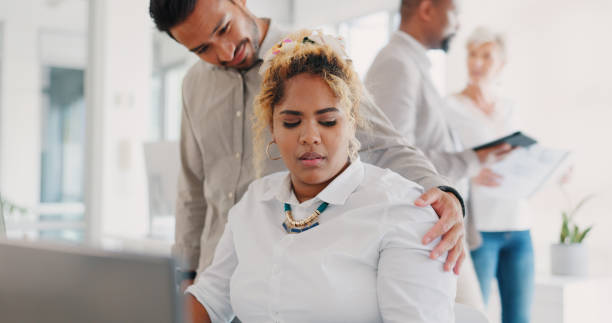 Woman, man and sexual harassment in office, touch and hand on shoulder in personal space. Bullying, discrimination and abuse victim in workplace, justice and social fear for scared women in business. Sexual harassment, touch and uncomfortable with a business man putting a hand on the shoulder of a woman colleague. Exploitation, unprofessional and victimization with an employee touching a coworker harassment stock pictures, royalty-free photos & images