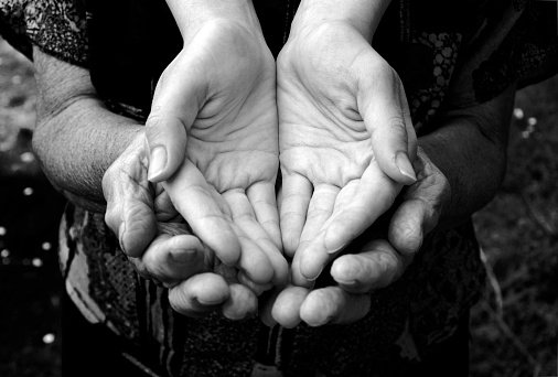 Empty old and young hands in black and white