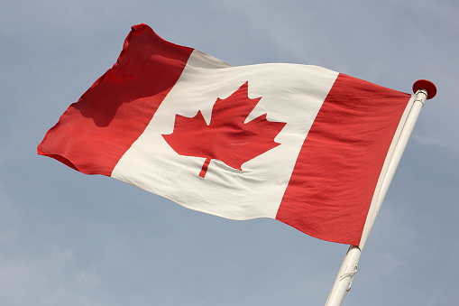Close up of Canadian flag at half mast blowing freely from the flag pole on windy sunny day.