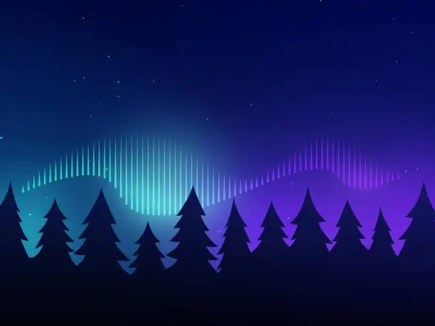 Vector illustration of Northern Lights Aurora Borealis Pine Tree Background