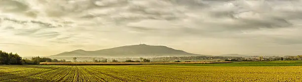 Panorama with field and famous Sleza Mountain, Poland