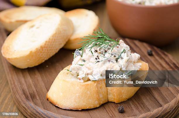 Pate Of Smoked Fish With Sour Cream On Toasted Bread Stock Photo - Download Image Now