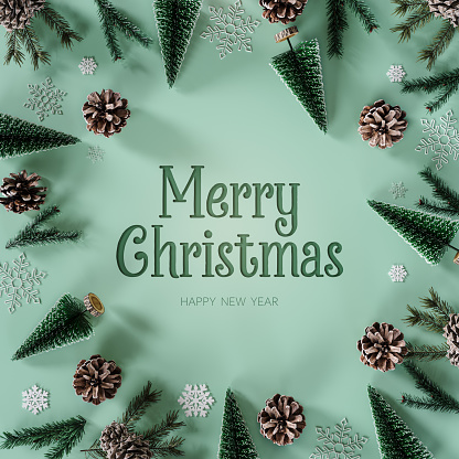 Christmas decoration with Merry Christmas text on mint green background. 3D Rendering, 3D Illustration