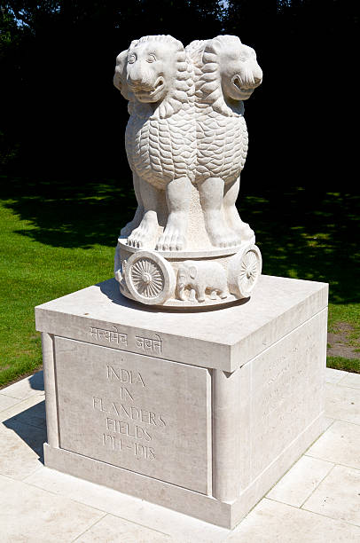 india's national emblem carved in stone architecture at outdoor at Sarnath near Varanasi, India.