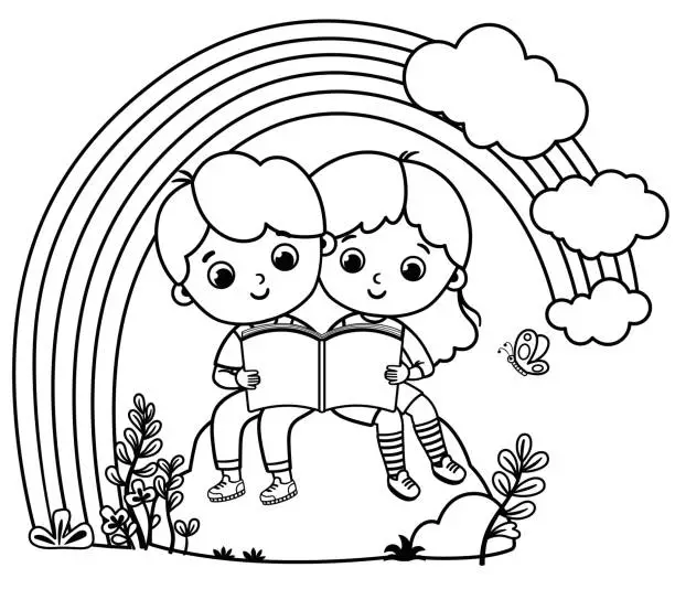 Vector illustration of Children  Reading a Book