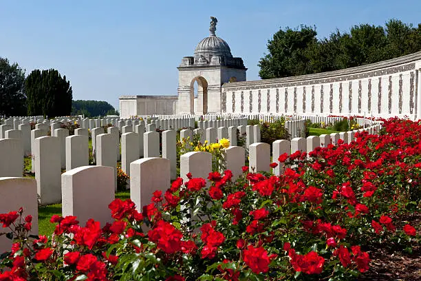 Tyne Cot Cemetery in Ypres, Belgium.  Tyne Cot Commonwealth War Graves Cemetery and Memorial to the Missing is a Commonwealth War Graves Commission (CWGC) burial ground for the dead of the First World War in the Ypres Salient on the Western Front.