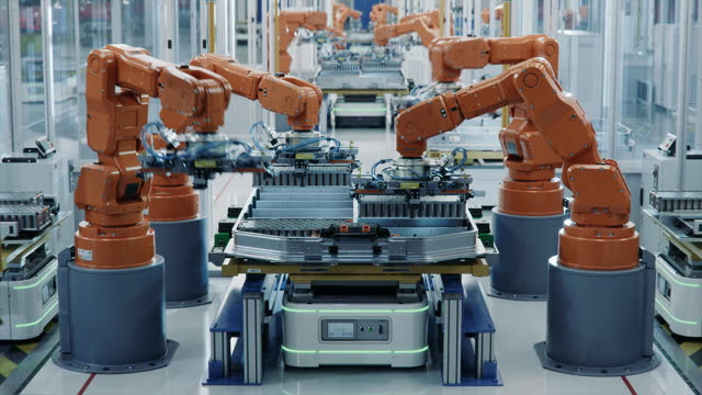 Row of Robotic Arms inside Bright Plant Assemble Batteries for Automotive Industry. EV Battery Pack Automated Production Line Equipped with Orange Advanced Robot Arms. Modern Electric Car Smart Factory.