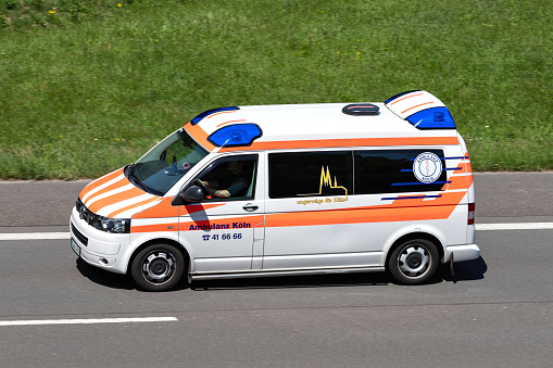 Engelskirchen, Germany - June 24, 2020: Ambulanz Köln ambulance on motorway