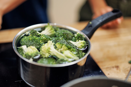 Closeup of pan with boiling broccoli.\nShot With Canon R5.
