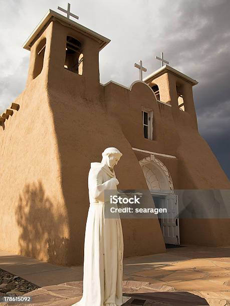 Saint Francis Statue With Church Stock Photo - Download Image Now - St. Francis of Assisi, Adobe - Material, Architectural Feature