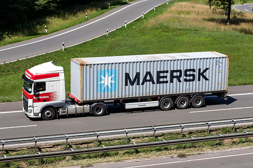 Engelskirchen, Germany - June 24, 2020: DopraVanDelm DAF XF truck with Maersk container on motorway