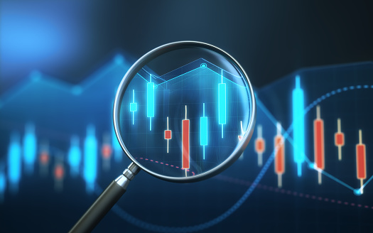 3d Render Business and Financial and Technical Data Chart and Analysis with Magnifier sitting on blue background, finance, stock market, marketing concepts (Depth Of Field)