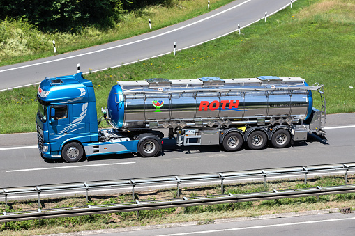 Engelskirchen, Germany - June 24, 2020: Roth DAF XF truck with tank trailer on motorway