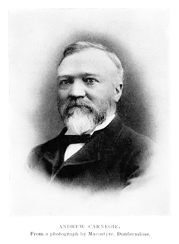 Portrait of Andrew Carnegie (November 25, 1835 – August 11, 1919) was a Scottish-born American industrialist and philanthropist. Photograph engraving published 1892. Original edition is from my own archives.  Copyright expired; artwork is in Public Domain.