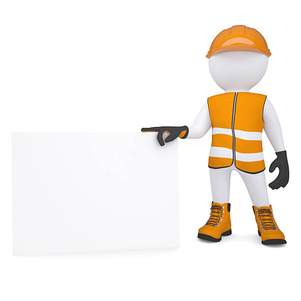 istock 3d man in overalls holding blank business card 178617052