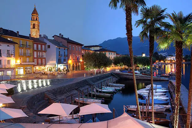 Night scene of the beautiful resort of Ascona on Lake Maggiore in the canton of Ticino, Switzerland.