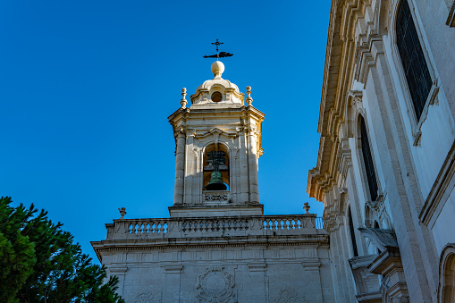 Viseu / Portugal - 04 16 2019 : View at the front facade of the Cathedral of Viseu, Adro da Sé Cathedral de Viseu, architectural icon of the city of Viseu, Portugal