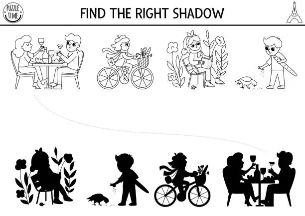 Vector illustration of France black and white shadow matching activity. Puzzle with French people. Find correct silhouette printable line worksheet. Funny coloring page for kids with dining couple, girl riding bike