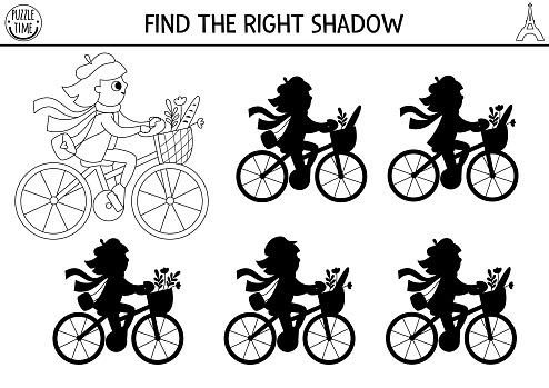 France black and white shadow matching activity. Puzzle with girl riding a bike with basket with baguette, flowers. Find correct silhouette worksheet. Funny French coloring page for kids