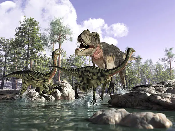 Photorealistic 3 D scene of a Tyrannosaurus Rex, hunting two Gallimimus, running in a river with rocks and trees in the background. Depth of field.