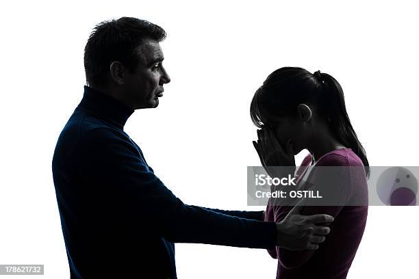 Couple Woman Crying Man Consoling Silhouette Stock Photo - Download Image Now - Adult, Adults Only, Care