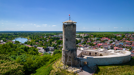 Castle in Ia - the ruins of the Gothic-Renaissance castle of the bishops of Krakow, probably built in the years 13261347 on the initiative of the bishop of Krakow, Jan Grot. Poland. aerial photo.