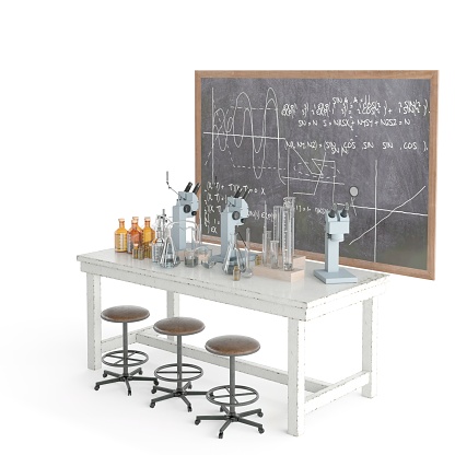 A modern science laboratory with a variety of laboratory furniture and equipment including a blackboard