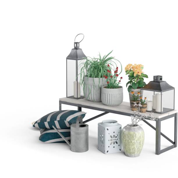 3ds max style, table with pots of plants on top of it