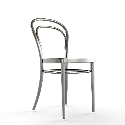 A sleek aluminum dining chair with black seat and backrest resting on a white background