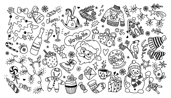istock Large set of funny doodle elements on Christmas theme hand drawn. Vector doodle illustrations for your design 1786235397