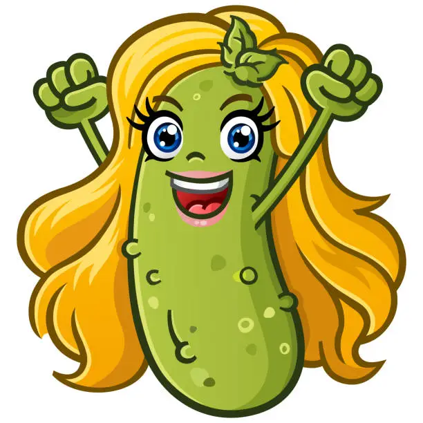 Vector illustration of Cute blonde pickle girl cartoon character giving an enthusiastic cheer with her fists in the air