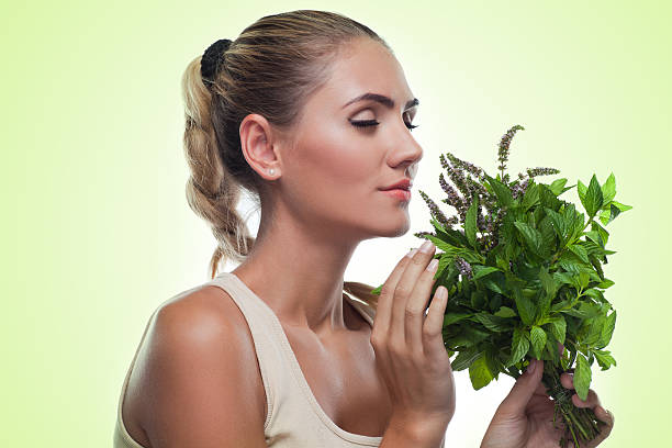 istock woman with bundle herbs (mint). Concept vegetarian dieting - he 178624645
