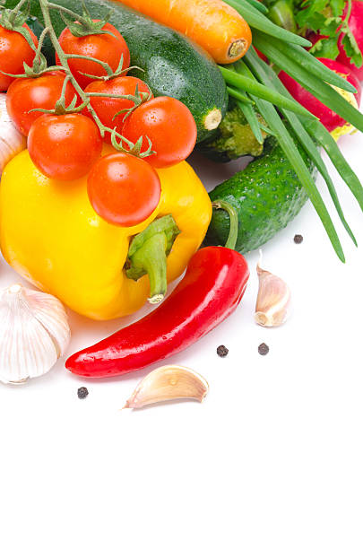 Assorted fresh seasonal vegetables isolated on white background (with space for text)