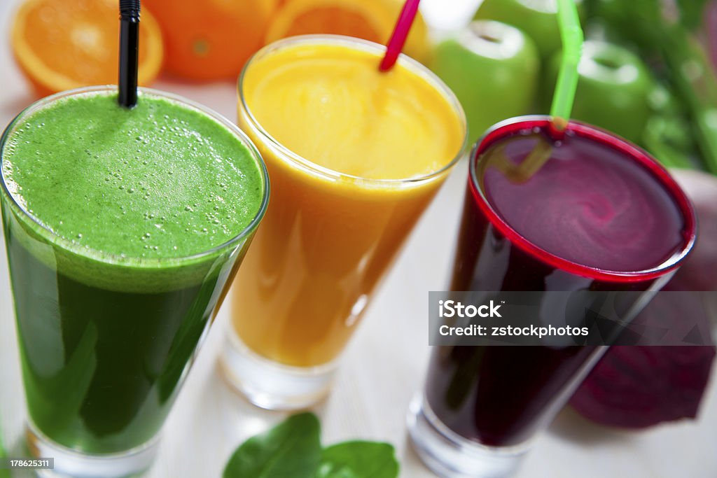 Healthy juices Beetroot, apple and celery juice. Antioxidant Stock Photo