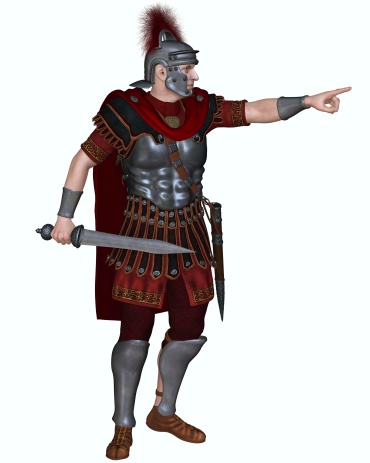 Centurion of the Imperial Roman legionary army wearing a transverse crested helmet and carrying a gladius or short sword ordering troops to attack, 3d digitally rendered illustration