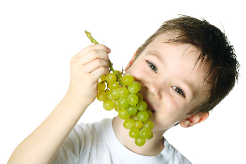 Healthy eating concept with child eating grapes isolated on white