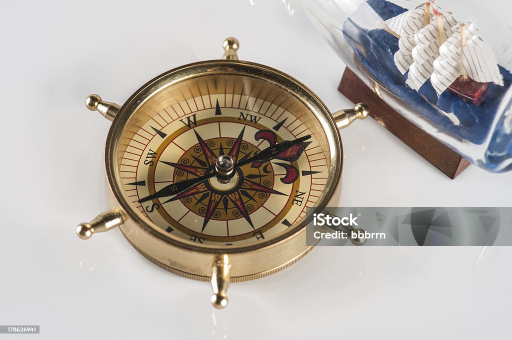 compass and ship in a bottle compass and ship in bottle, on white Accessibility Stock Photo