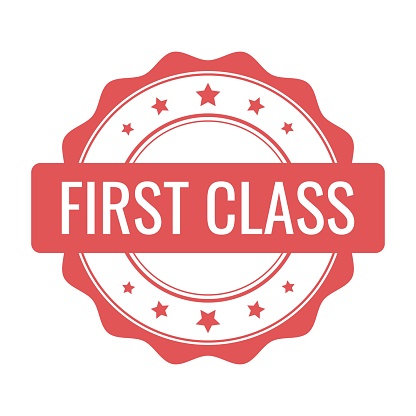 First class stamp, seal. Vector badge, icon template. Illustration isolated on white background.