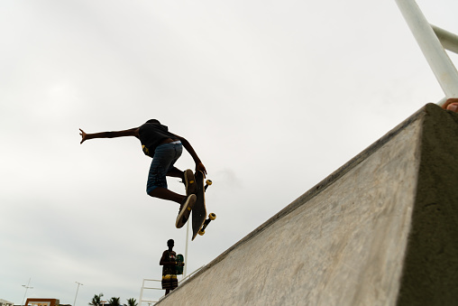 Salvador, Bahia, Brazil - March 14, 2020: Skateboarder is seen practicing at Parque dos Ventos in the city of Salvador, Bahia.