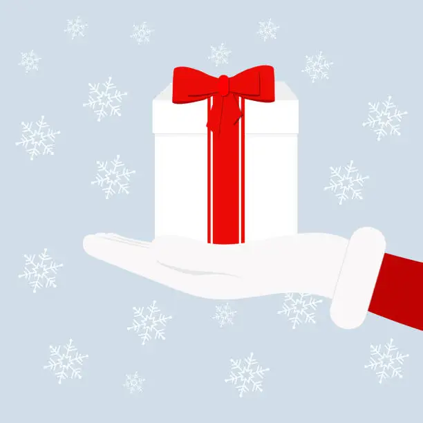 Vector illustration of Santa Claus is holding a gift in an environment where snowflakes are falling