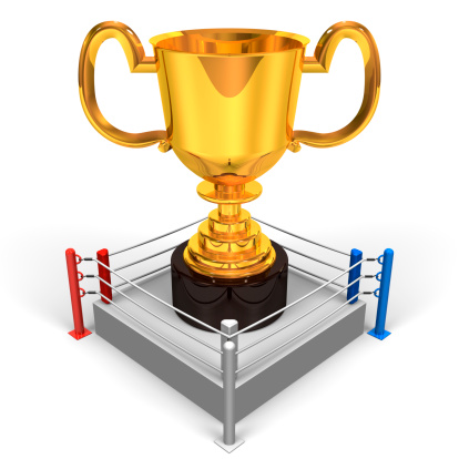Big Trophy On Boxing Ring Front View.3D render illustration.Isolated on White.