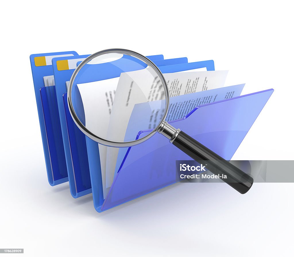 Files investigation. Magnifying glass over the blue folders. Files investigation. File Folder Stock Photo