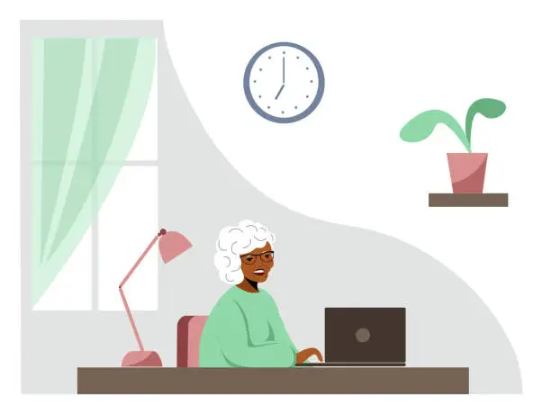Vector illustration of Senior woman sitting with laptop.